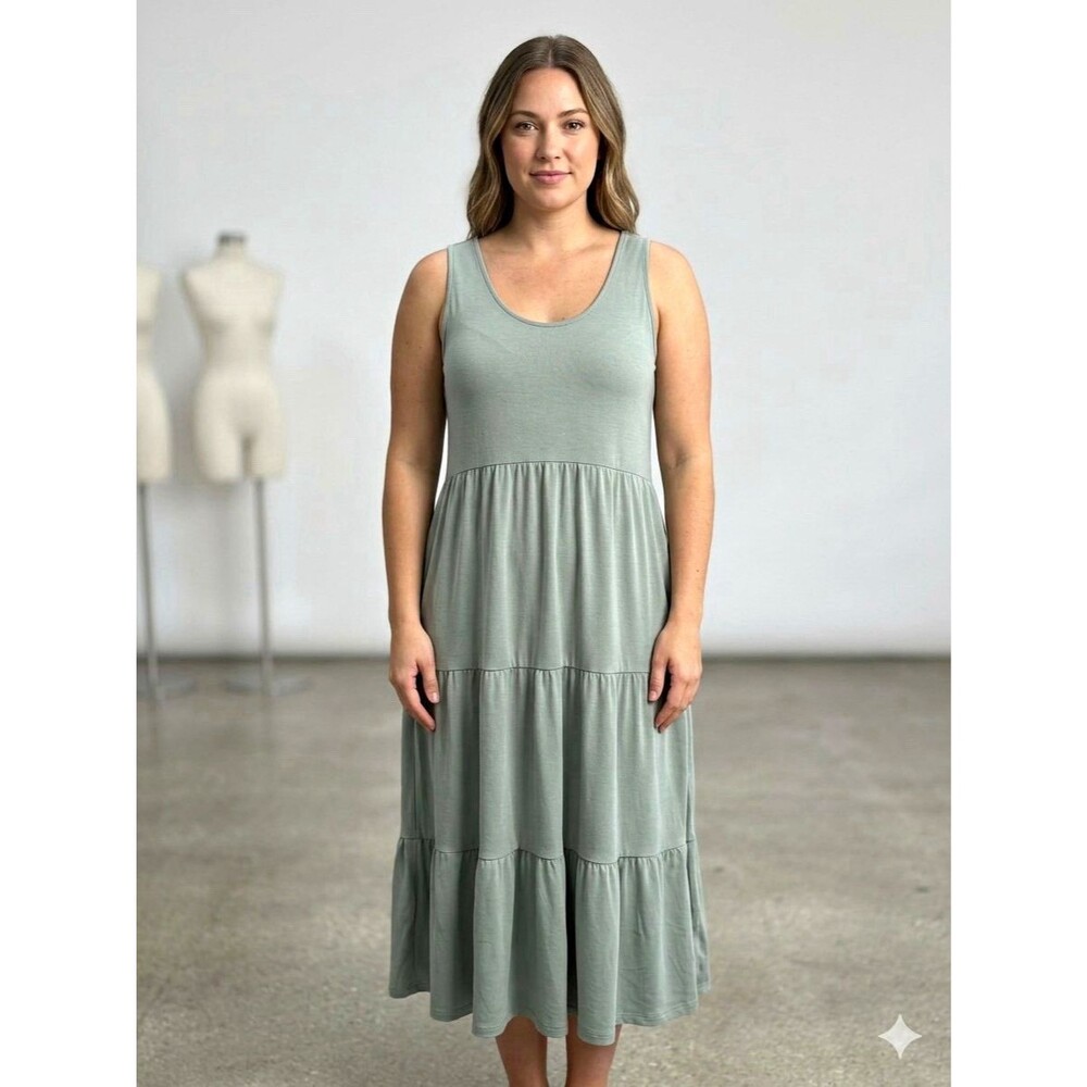 Maurices Women's S Gray Solid Knit Tiered Midi Dress Scoop Neck Sleeveless